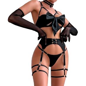 Sexy Strappy Black Bow Lingerie Set with Sheer Gloves and Thigh Bands – Ultimate Temptation for Special Nights