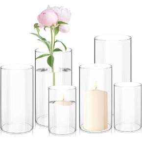 Glass Hurricane Candle Holder Set of 6, Pillar Candle Holders for Table Centerpiece, Clear Glass Cylinder Candleholder, Chimney Tube, Clear Vases for Floating Candles Wedding Decorations