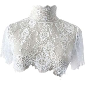 Women's Charm Elastic Lace Turtleneck Fake Collar Short Sleeve Rose Half Blouse Pullover Lining Collar