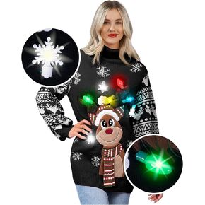 JOYIN Women's Christmas Reindeer Ugly Long Sweater LED Light Up Xmas Sweater Built-in Light Bulbs Novelty Pullover for Party