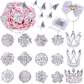 Rhinestone Brooches for Crafts, Flower Bouquet Accessories,Corsage Pin Diamond Pins kits for Wedding Accessories Jewelry Decoration DIY Craft Supplies(Gold-1）