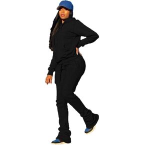 PINSV Women's Sweatsuits Sets 2 Piece Outfits Drawstring Hoodies Stacked Jogger Sweatpants Tracksuits Casual Set