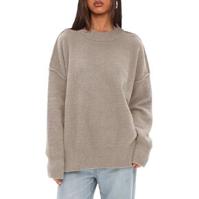 Darong Women Oversized Fuzzy Knit Sweater Long Sleeve Crew Neck Side Slit Pullover Sweaters Fall Winter Tops