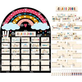 Boho Class Jobs Pocket Chart with 96 Pcs Classroom Jobs Cards Rainbow Class Jobs Bulletin Board Set Teacher's Helper Management Chalkboard Decor for Back to School Supplies