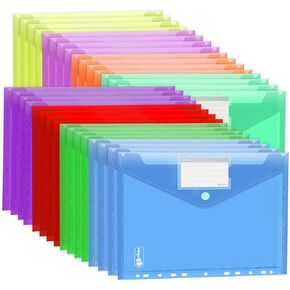 File Envelopes,32 Pack A4 Binder Pockets for 2/3/4 Ring Binder,8 Colors Binder Folders with Hook and Loop Closure and Label,Plastic Envelopes Binder Folders with 11 Holes for School Office Home