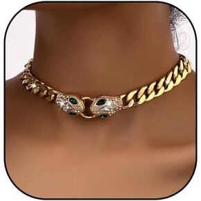 Punk Animal Snake Choker Necklace Hip Hop Rhinestone Snake head Cuban Link Chain Necklace Chunky Cuban Chain Crystal Jewelry for Women Gifts