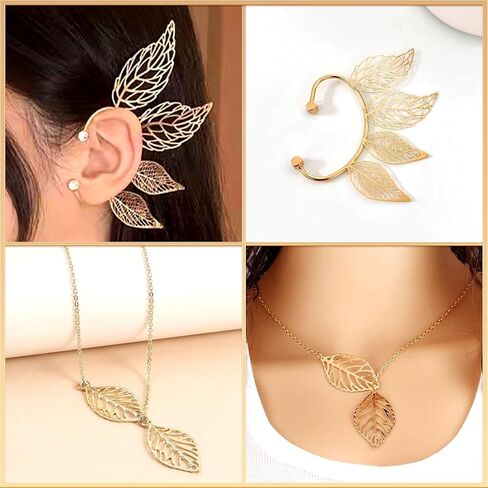 LaVenty Gold Leaves Elf Accessories Gold Leaves Ear Cuff Gold Elf Ears Forest Elf Ear Cuff Fairy Ear Cuffs Leaves Choker Necklace Forest Elf Costume Elf Accessories in Saudi Arabia