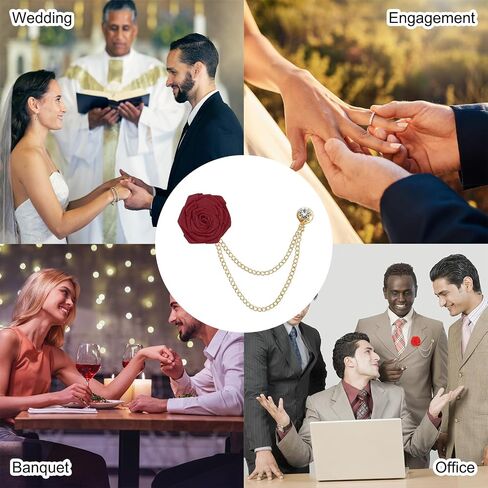 MECCANIXITY دبابيس العريس زهرة الورد، دبوس طية صدر السترة من القماش المصنوع يدويًا سلسلة أزياء Boutonnieres مع سلسلة شرابة / مسمار البدلة لإكسسوارات بدلة الزفاف للرجال in Saudi Arabia