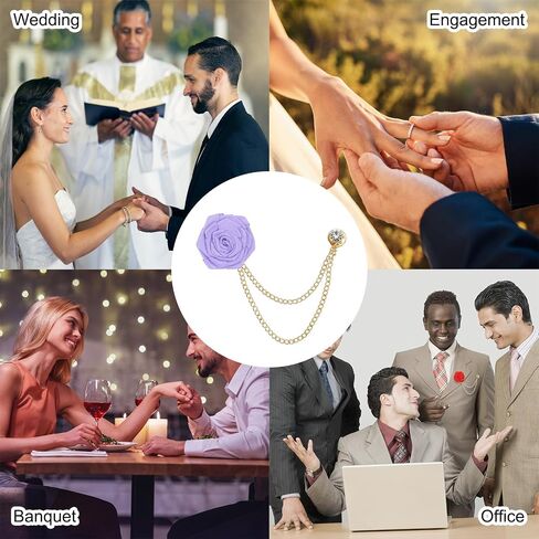 MECCANIXITY دبابيس العريس زهرة الورد، دبوس طية صدر السترة من القماش المصنوع يدويًا سلسلة أزياء Boutonnieres مع سلسلة شرابة / مسمار البدلة لإكسسوارات بدلة الزفاف للرجال in Saudi Arabia