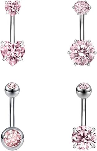 ZS 4Pcs Cubic Zircon Belly Button Ring Belly Button Piercing, 14G Stainless Steel Belly Ring Navel Ring, Long Bar Navel Barbell Stud Navel Piercing Jewelry for Women in Kuwait