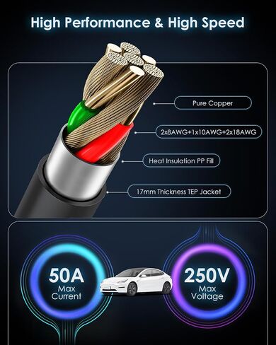 سلك تمديد بطول 22 قدمًا لـ Tesla 50A، كابل تمديد شاحن JADADA EV 12 كيلو وات 240 فولت متوافق مع الطراز 3/Y/X/S/Cybertruck، مع قابس NACS للمستوى 1 و2 من شاحن الهاتف المحمول Tesla/موصل الحائط in Saudi Arabia