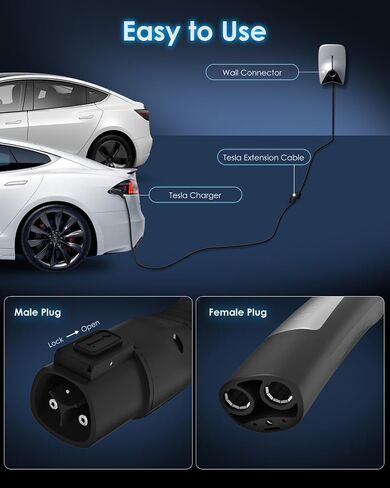 سلك تمديد بطول 22 قدمًا لـ Tesla 50A، كابل تمديد شاحن JADADA EV 12 كيلو وات 240 فولت متوافق مع الطراز 3/Y/X/S/Cybertruck، مع قابس NACS للمستوى 1 و2 من شاحن الهاتف المحمول Tesla/موصل الحائط in Saudi Arabia