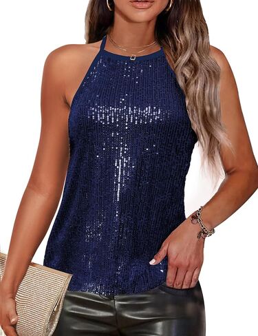 Traleubie Womens Tank Tops Sleeveless Camisole Halter Neck Sparkly Sequin Tops for Women in Kuwait