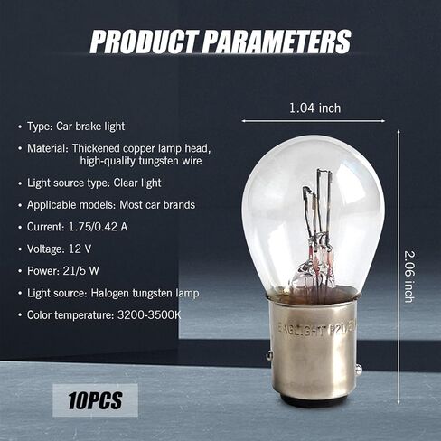 10 PCS Car 1157 Halogen Brake Light, 2.06" x 1.04" P21/5W S25 BAY15D High and Low Foot Super Bright Stable Filament Bulb, Long Life Plug and Play Bulb Replacement, Universal for Cars (White) in Kuwait