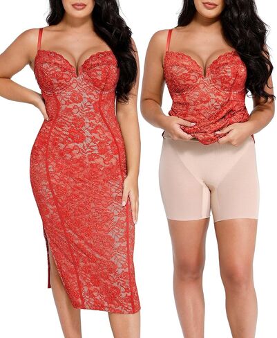 Popilush Lace Corset Dress with Built in Shapewear Formal Cocktail Dresses for Women Deep V Neck Side Slit Bodycon Midi Dress in Kuwait