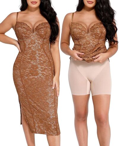 Popilush Lace Corset Dress with Built in Shapewear Formal Cocktail Dresses for Women Deep V Neck Side Slit Bodycon Midi Dress in Kuwait