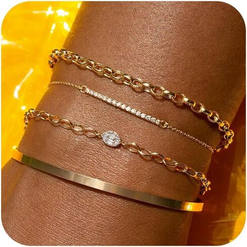 Gold Bracelets for Women Trendy, 14K Gold Cuff Bracelets for Women Stackable Tennis Bracelets for Women Non Tarnish Bracelet Set Gold Jewelry for Women in Saudi Arabia
