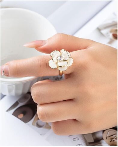 Kokoma Elegant Camellia Flower Ring for Women CZ Diamond Floral Statement Ring Open Wrap Finger Band Wedding Anniversary Promise Rings Dainty Jewelry in Saudi Arabia