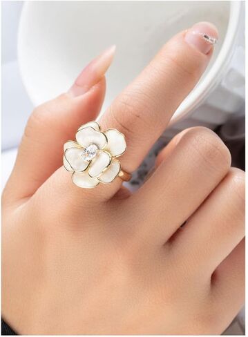 Kokoma Elegant Camellia Flower Ring for Women CZ Diamond Floral Statement Ring Open Wrap Finger Band Wedding Anniversary Promise Rings Dainty Jewelry in Saudi Arabia