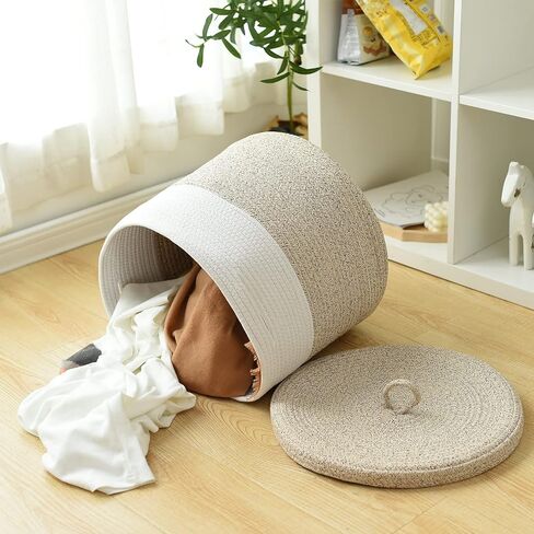 سلة بطانية Tegance مع غطاء، 16 بوصة عمق × 14 بوصة ارتفاع، سلة كبيرة من الحبال المنسوجة، سلة غسيل، سلة تخزين ألعاب الأطفال، سلة حضانة مزخرفة لغرفة المعيشة وغرفة النوم مع مقابض (بيج) in Kuwait