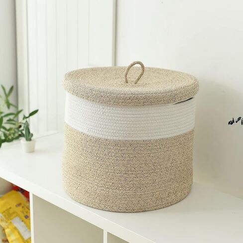 سلة بطانية Tegance مع غطاء، 16 بوصة عمق × 14 بوصة ارتفاع، سلة كبيرة من الحبال المنسوجة، سلة غسيل، سلة تخزين ألعاب الأطفال، سلة حضانة مزخرفة لغرفة المعيشة وغرفة النوم مع مقابض (بيج) in Kuwait