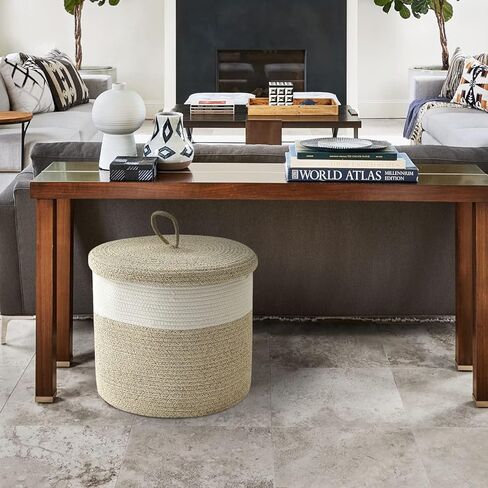 سلة بطانية Tegance مع غطاء، 16 بوصة عمق × 14 بوصة ارتفاع، سلة كبيرة من الحبال المنسوجة، سلة غسيل، سلة تخزين ألعاب الأطفال، سلة حضانة مزخرفة لغرفة المعيشة وغرفة النوم مع مقابض (بيج) in Kuwait