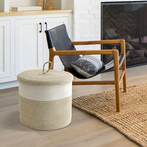 سلة بطانية Tegance مع غطاء، 16 بوصة عمق × 14 بوصة ارتفاع، سلة كبيرة من الحبال المنسوجة، سلة غسيل، سلة تخزين ألعاب الأطفال، سلة حضانة مزخرفة لغرفة المعيشة وغرفة النوم مع مقابض (بيج) in Kuwait