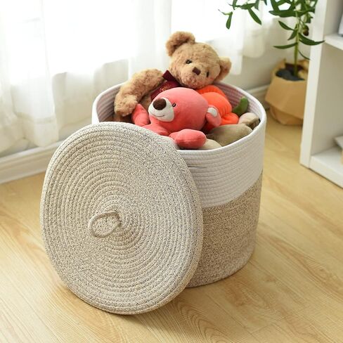 سلة بطانية Tegance مع غطاء، 16 بوصة عمق × 14 بوصة ارتفاع، سلة كبيرة من الحبال المنسوجة، سلة غسيل، سلة تخزين ألعاب الأطفال، سلة حضانة مزخرفة لغرفة المعيشة وغرفة النوم مع مقابض (بيج) in Kuwait