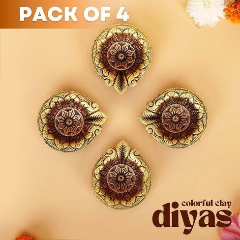 Clay Diya Diwali Diya Diyas for Diwali [عبوة من 4] مصباح Diya لبوجا - Mitti Earth Terracotta Diya - ديكور ديوالي للمنزل | ديكور ديوالي للهدايا الهندية Hashcart® in Saudi Arabia