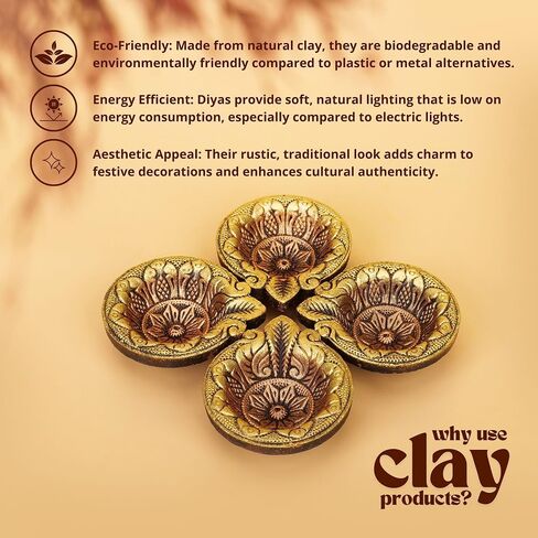 Clay Diya Diwali Diya Diyas for Diwali [عبوة من 4] مصباح Diya لبوجا - Mitti Earth Terracotta Diya - ديكور ديوالي للمنزل | ديكور ديوالي للهدايا الهندية Hashcart® in Saudi Arabia