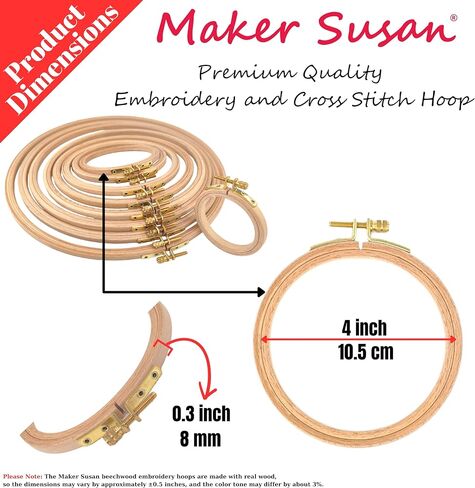 طوق تطريز خشبي مقاس 4 بوصات من Maker Susan، طوق دائري من خشب الزان بالغرز المتقاطعة مع برغي نحاسي قابل للتعديل، وأطواق وإطارات متقاطعة، مناسب للتطريز، والخياطة اليدوية (4 بوصات) in Kuwait