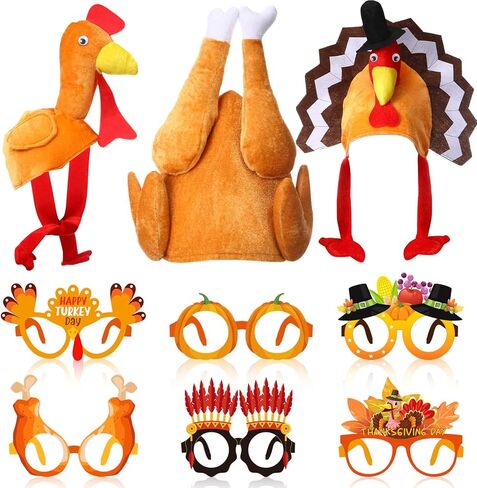 15 Pcs Thanksgiving Turkey Costume 3 Plush Turkey Hat 6 Turkey Glasses with 6 Hairpin, One Size Roasted Turkey Hat Funny Silly Hat for Thanksgiving Party Supplies in Kuwait