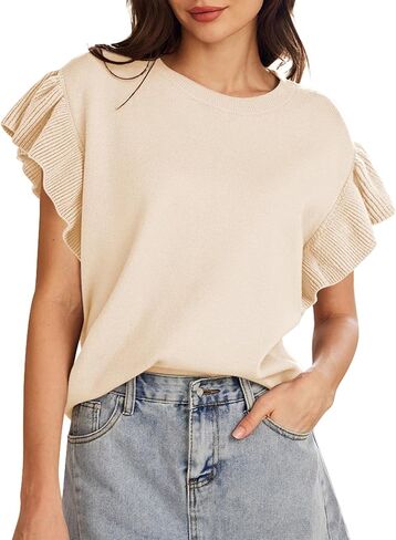 Pink Queen Women's Crew Neck Ruffle Edge Sleeves Loose Oversized Knit Pullover Sweater Jumper Tops Summer Fall Winter in Saudi Arabia