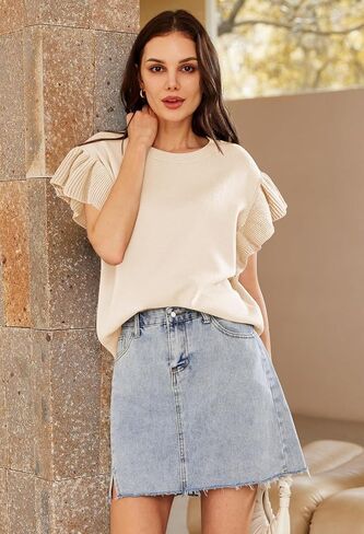 Pink Queen Women's Crew Neck Ruffle Edge Sleeves Loose Oversized Knit Pullover Sweater Jumper Tops Summer Fall Winter in Saudi Arabia