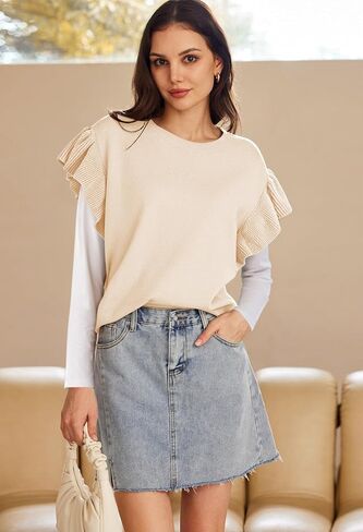 Pink Queen Women's Crew Neck Ruffle Edge Sleeves Loose Oversized Knit Pullover Sweater Jumper Tops Summer Fall Winter in Saudi Arabia