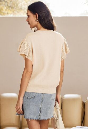Pink Queen Women's Crew Neck Ruffle Edge Sleeves Loose Oversized Knit Pullover Sweater Jumper Tops Summer Fall Winter in Saudi Arabia