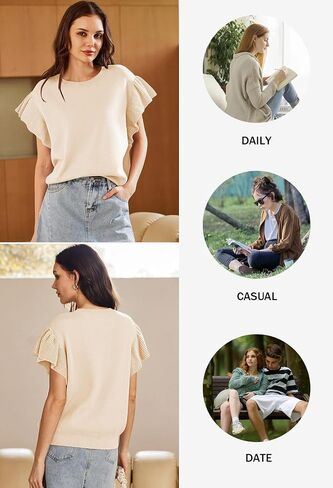 Pink Queen Women's Crew Neck Ruffle Edge Sleeves Loose Oversized Knit Pullover Sweater Jumper Tops Summer Fall Winter in Saudi Arabia
