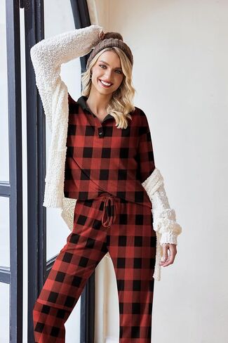 Ekouaer Waffle Knit Pajamas Set for Women 2 Piece Outfits Long Sleeve Button Top and Wide Leg Pant with Pockets Loungewear in Kuwait