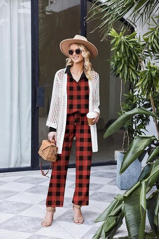 Ekouaer Waffle Knit Pajamas Set for Women 2 Piece Outfits Long Sleeve Button Top and Wide Leg Pant with Pockets Loungewear in Kuwait