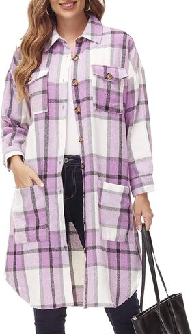 سترة نسائية طويلة منقوشة كبيرة الحجم من MCEDAR، سترة غير رسمية بأكمام طويلة وأزرار سفلية مقاس كبير، قميص من الفلانيل (S-4X) in Kuwait