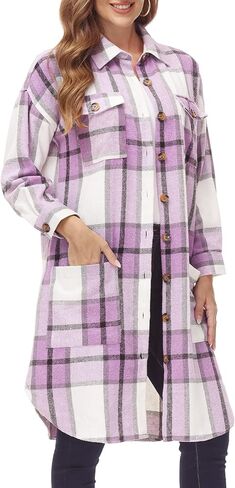 سترة نسائية طويلة منقوشة كبيرة الحجم من MCEDAR، سترة غير رسمية بأكمام طويلة وأزرار سفلية مقاس كبير، قميص من الفلانيل (S-4X) in Kuwait