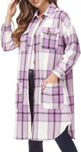 سترة نسائية طويلة منقوشة كبيرة الحجم من MCEDAR، سترة غير رسمية بأكمام طويلة وأزرار سفلية مقاس كبير، قميص من الفلانيل (S-4X) in Kuwait