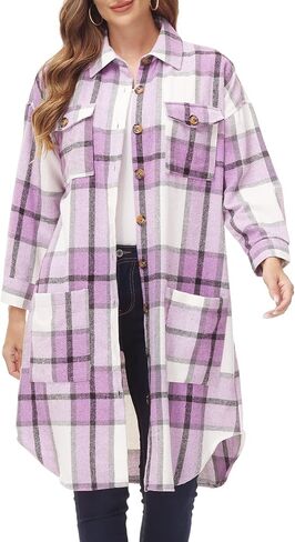 سترة نسائية طويلة منقوشة كبيرة الحجم من MCEDAR، سترة غير رسمية بأكمام طويلة وأزرار سفلية مقاس كبير، قميص من الفلانيل (S-4X) in Kuwait