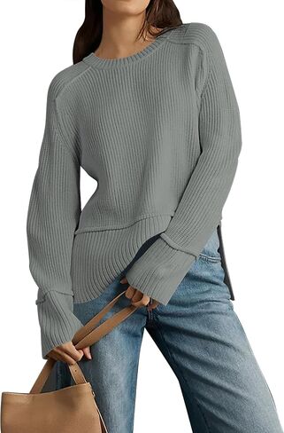 Cakulo Womens Fall 2024 Knit Crew Neck Pullover Sweaters Oversized Long Sleeve Split Casual Winter Ribbed Sweater in Saudi Arabia