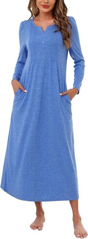 Marvmys Womens Cotton Long Sleeve Nightgowns Soft Ladies Sleep Shirts V Neck Full Length Night Shirts Sleepwear with Pockets in Saudi Arabia