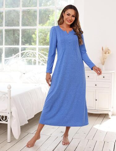 Marvmys Womens Cotton Long Sleeve Nightgowns Soft Ladies Sleep Shirts V Neck Full Length Night Shirts Sleepwear with Pockets in Saudi Arabia