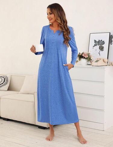 Marvmys Womens Cotton Long Sleeve Nightgowns Soft Ladies Sleep Shirts V Neck Full Length Night Shirts Sleepwear with Pockets in Saudi Arabia