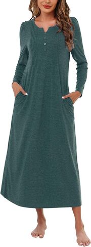 Marvmys Womens Cotton Long Sleeve Nightgowns Soft Ladies Sleep Shirts V Neck Full Length Night Shirts Sleepwear with Pockets in Saudi Arabia