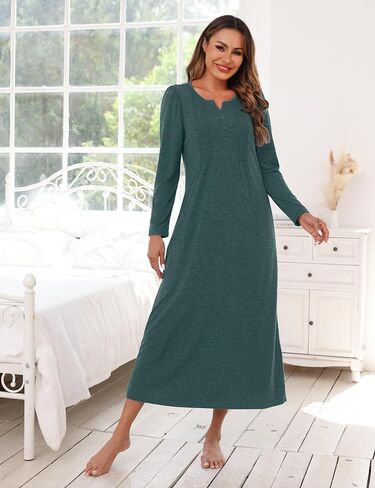 Marvmys Womens Cotton Long Sleeve Nightgowns Soft Ladies Sleep Shirts V Neck Full Length Night Shirts Sleepwear with Pockets in Saudi Arabia