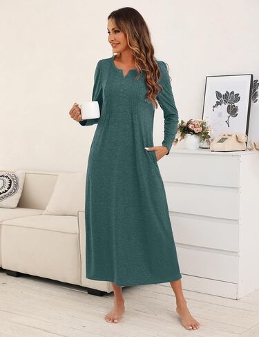 Marvmys Womens Cotton Long Sleeve Nightgowns Soft Ladies Sleep Shirts V Neck Full Length Night Shirts Sleepwear with Pockets in Saudi Arabia